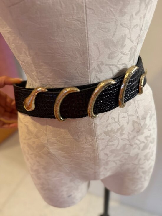 Vintage Style Wide Waist Gold Snake Belt Croc Embossed Leather Black Medium main image 2